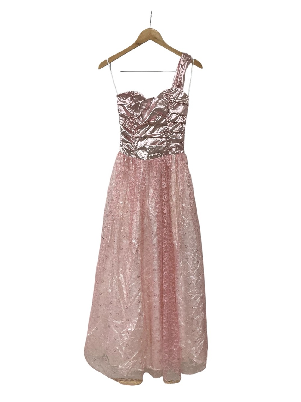 Vintage 80s Gunne Sax Pink Lace Lame One Shoulder Gown Prom Dress 7